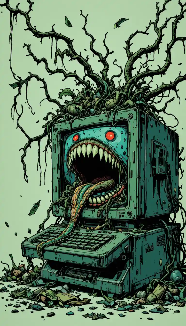 Vintage-Computer-Monster spuckt Ranken und digitalen Müll