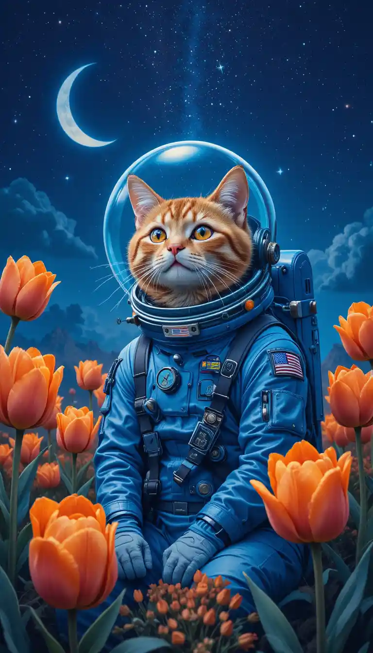 Gatto astronauta che si rilassa tra i tulipani sotto un cielo stellato