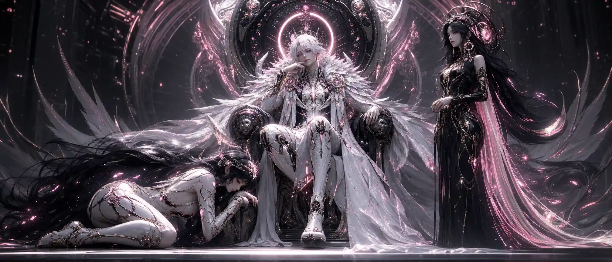 Haloed paladin on a throne with glowing feathered mantle