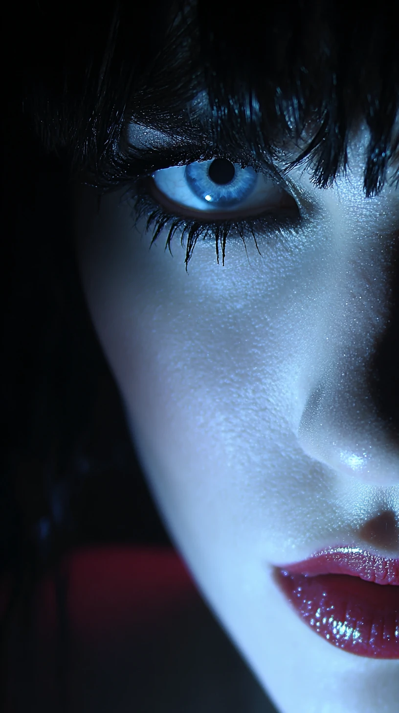 Mysterious woman in chiaroscuro with piercing blue eyes