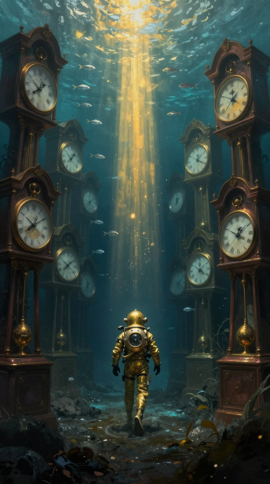 Vintage deep sea diver among underwater grandfather clocks