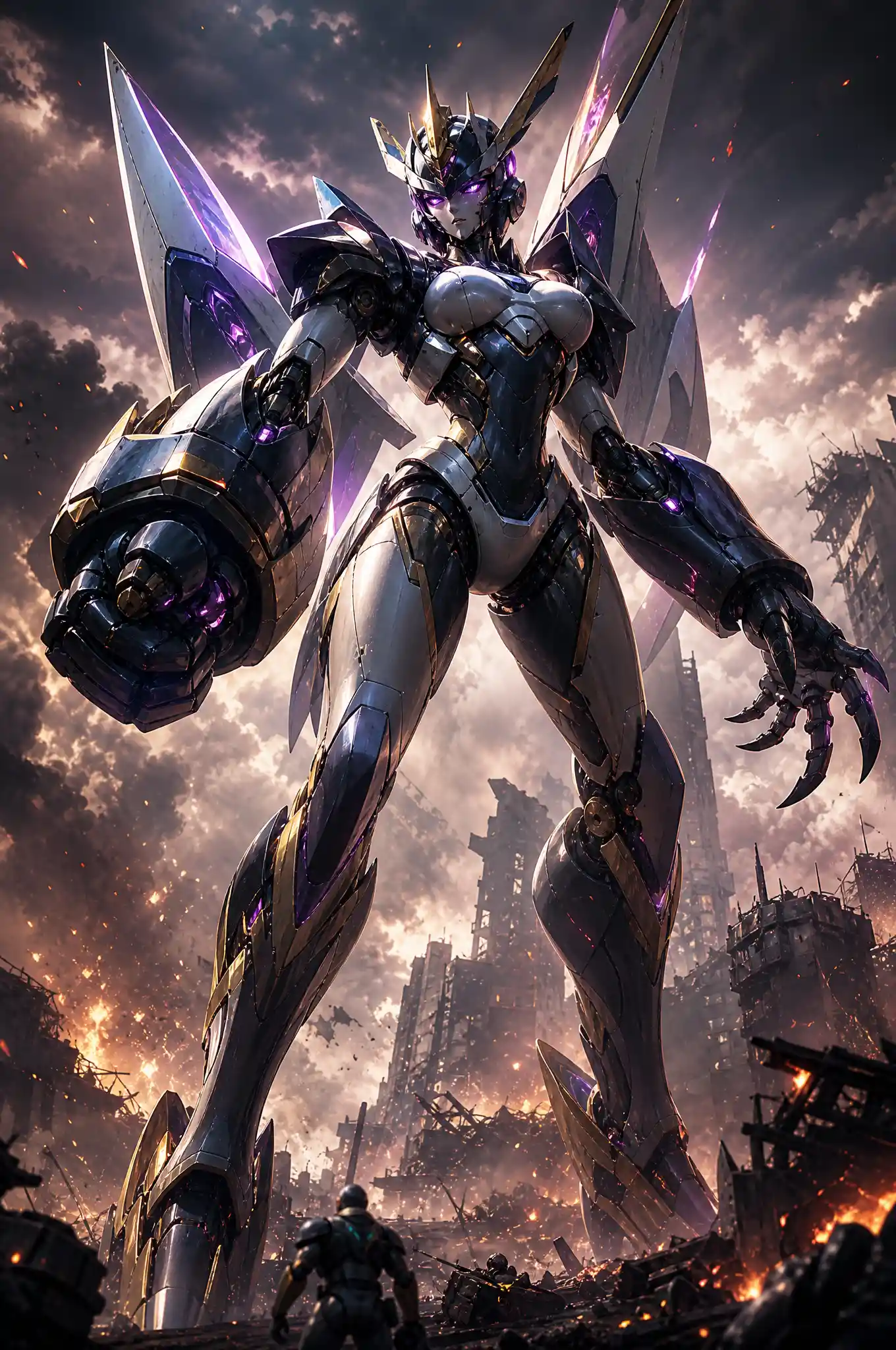 Giant female humanoid robot on a ruined battlefield