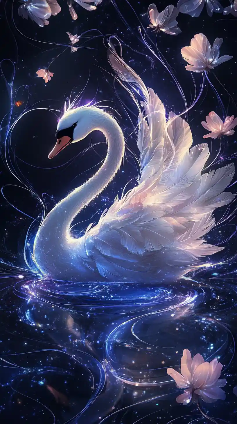Graceful neon swan transforming into glowing floral petals