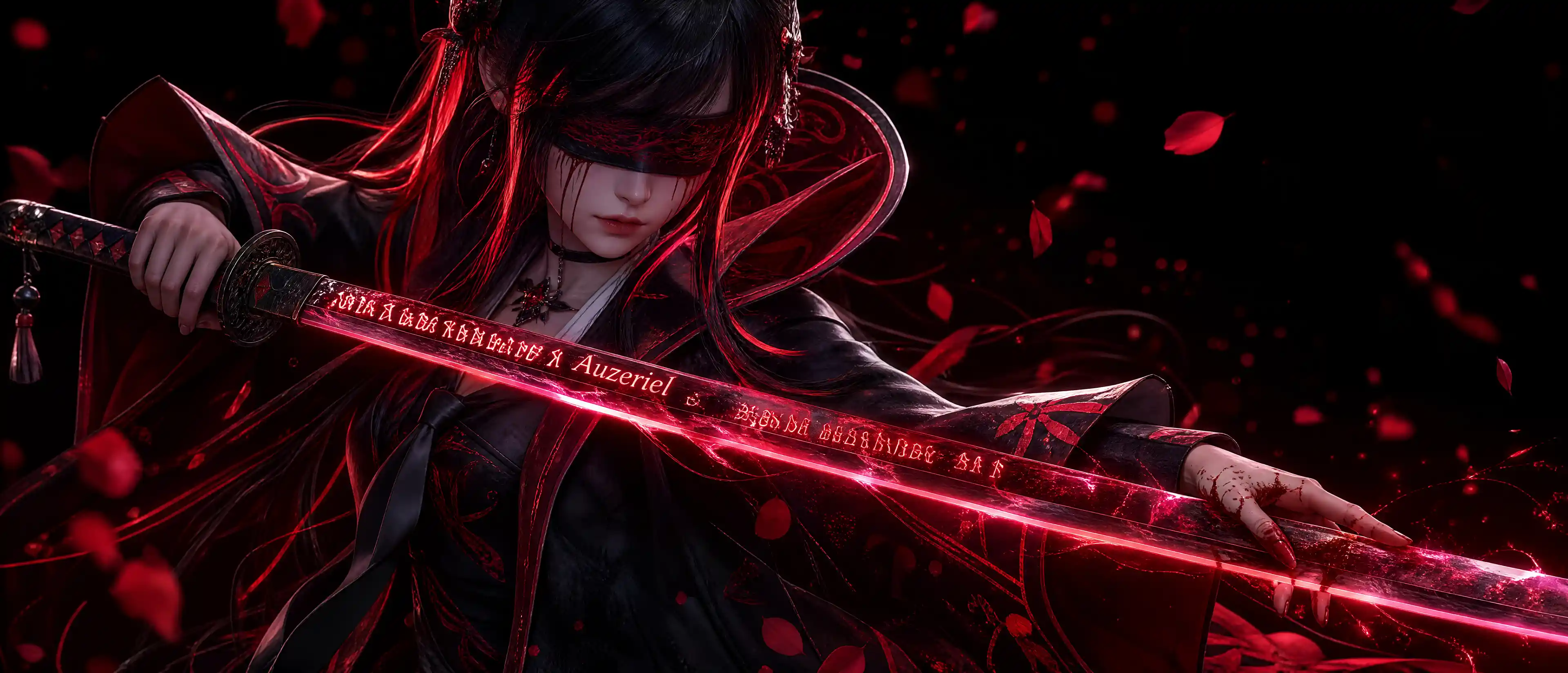 Blindfolded anime girl with glowing katana in mid pose