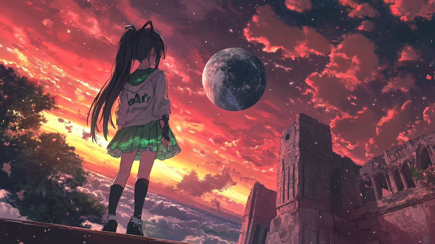Anime girl at a red brick castle wall at sunset