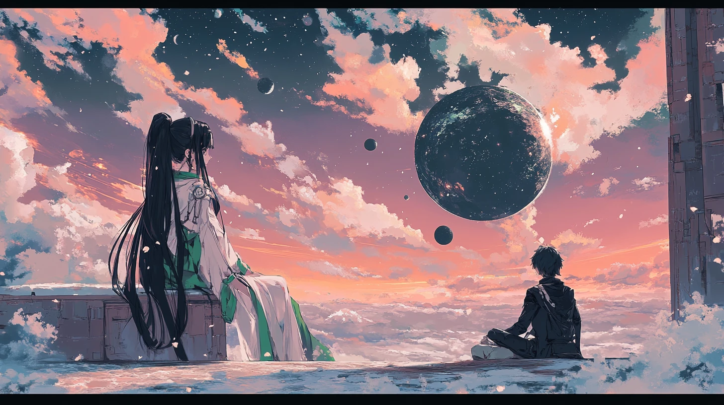 Anime girl in green dress on castle wall at sunset
