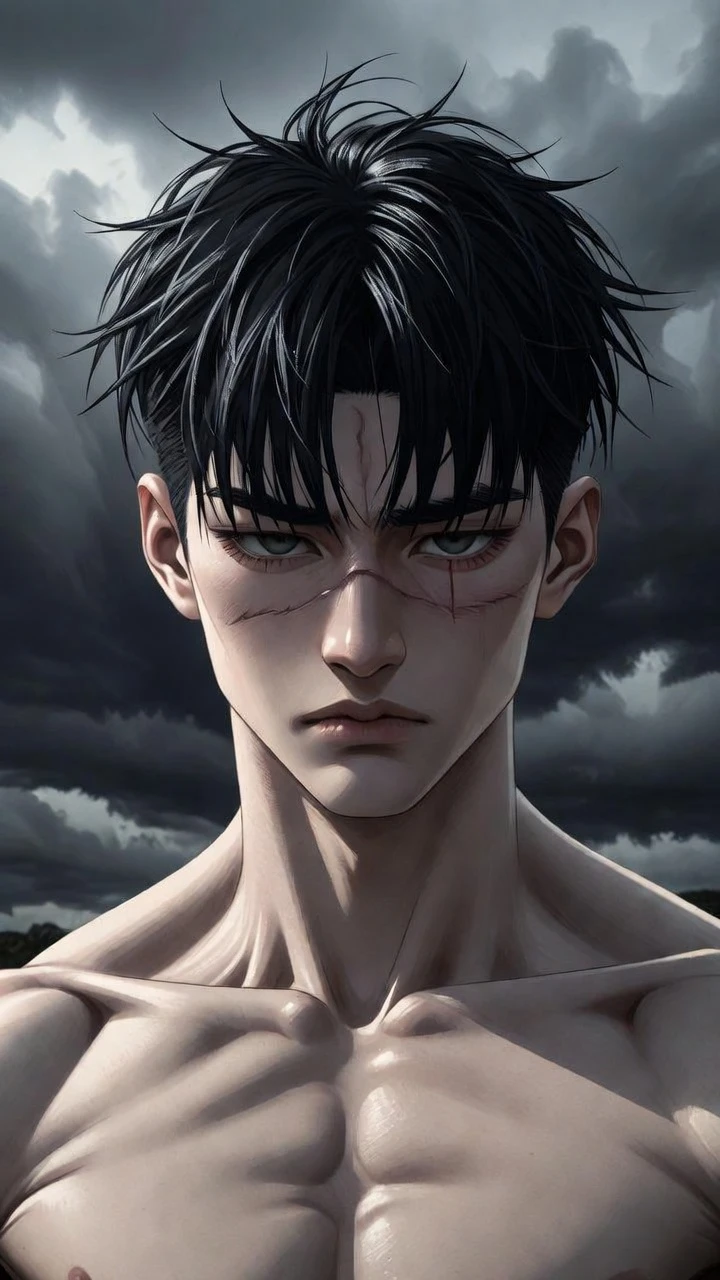 Tall scarred man under a dramatic stormy sky