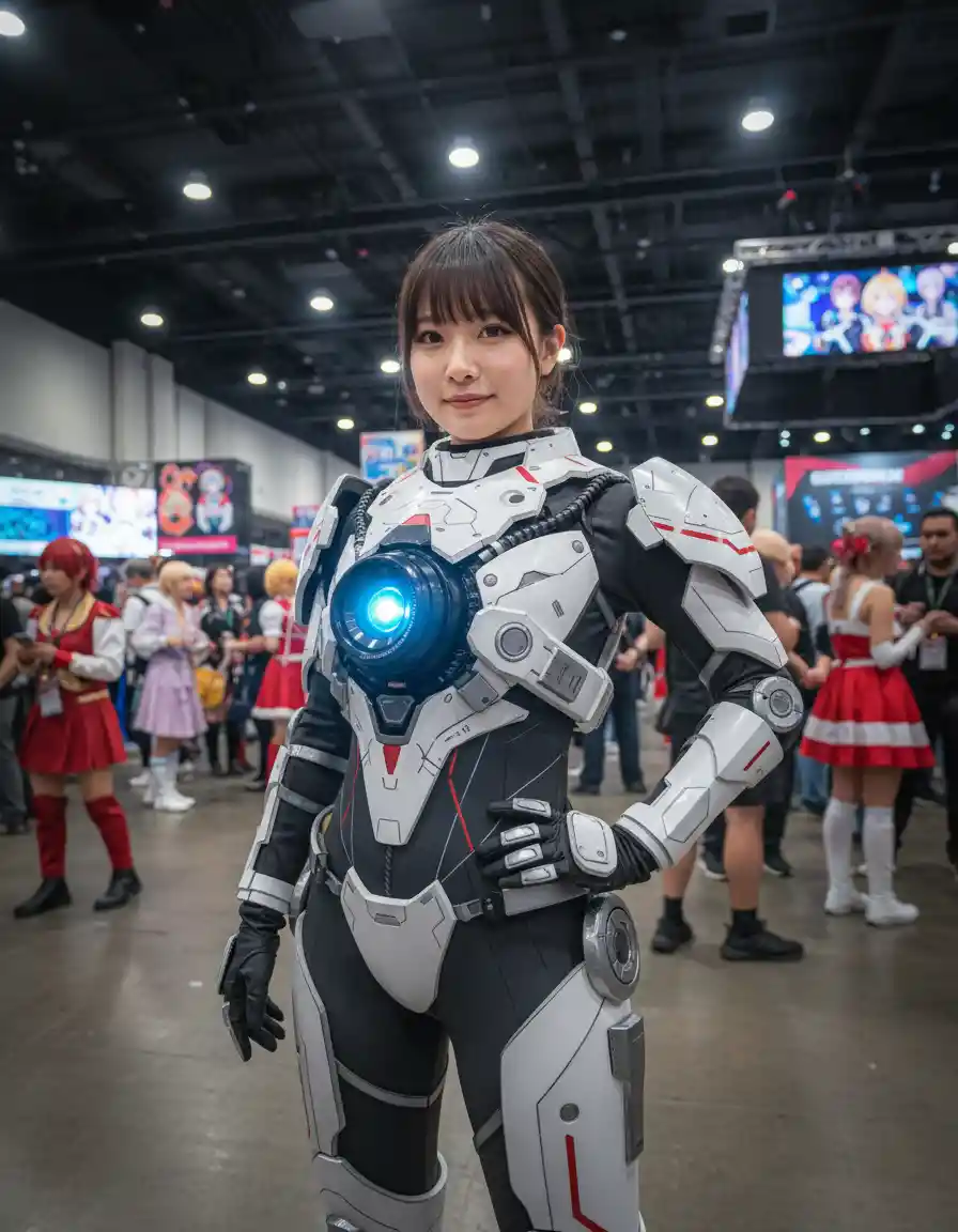 Young woman in robotic armor cosplay at anime convention