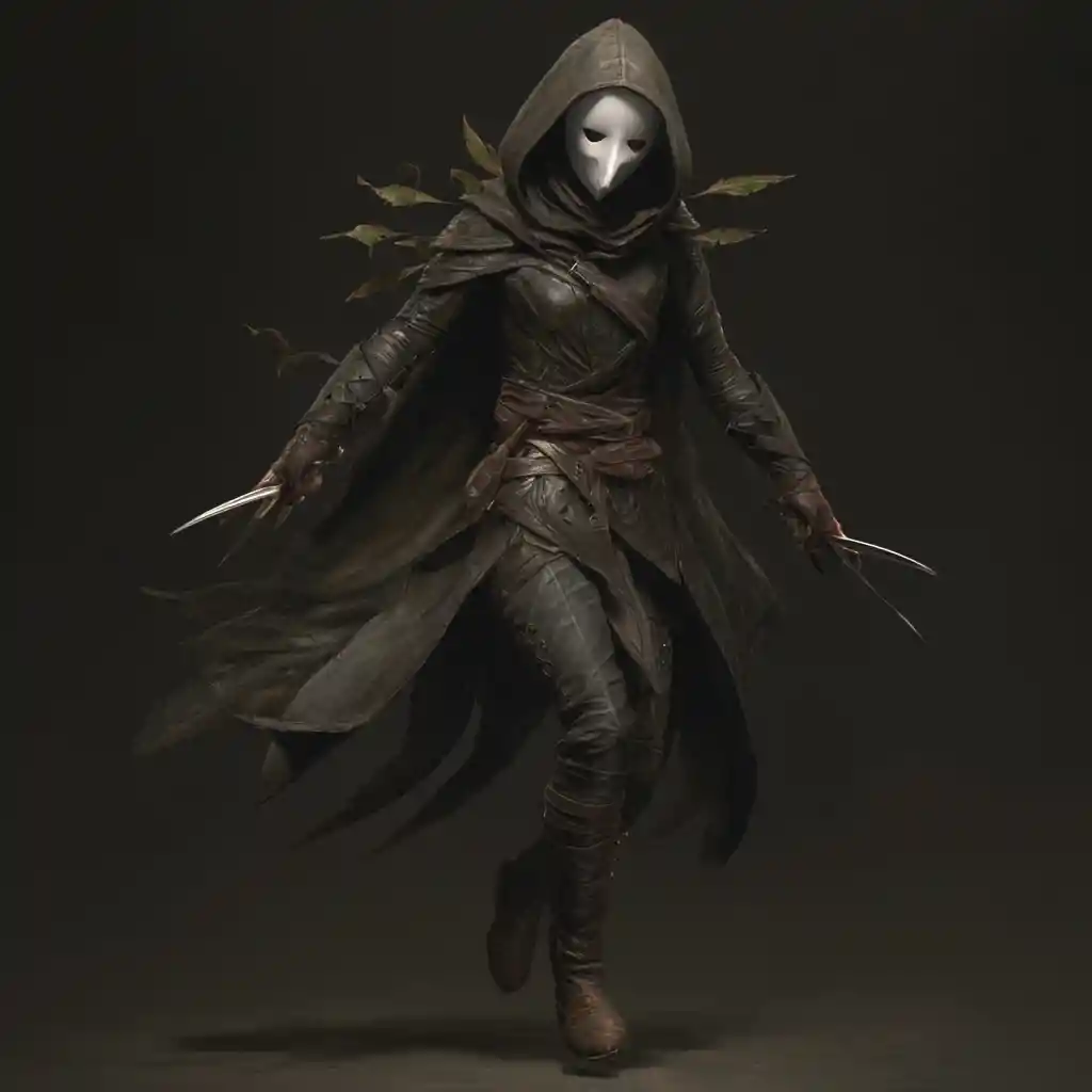 Masked elf rogue with throwing knives in dark cloak