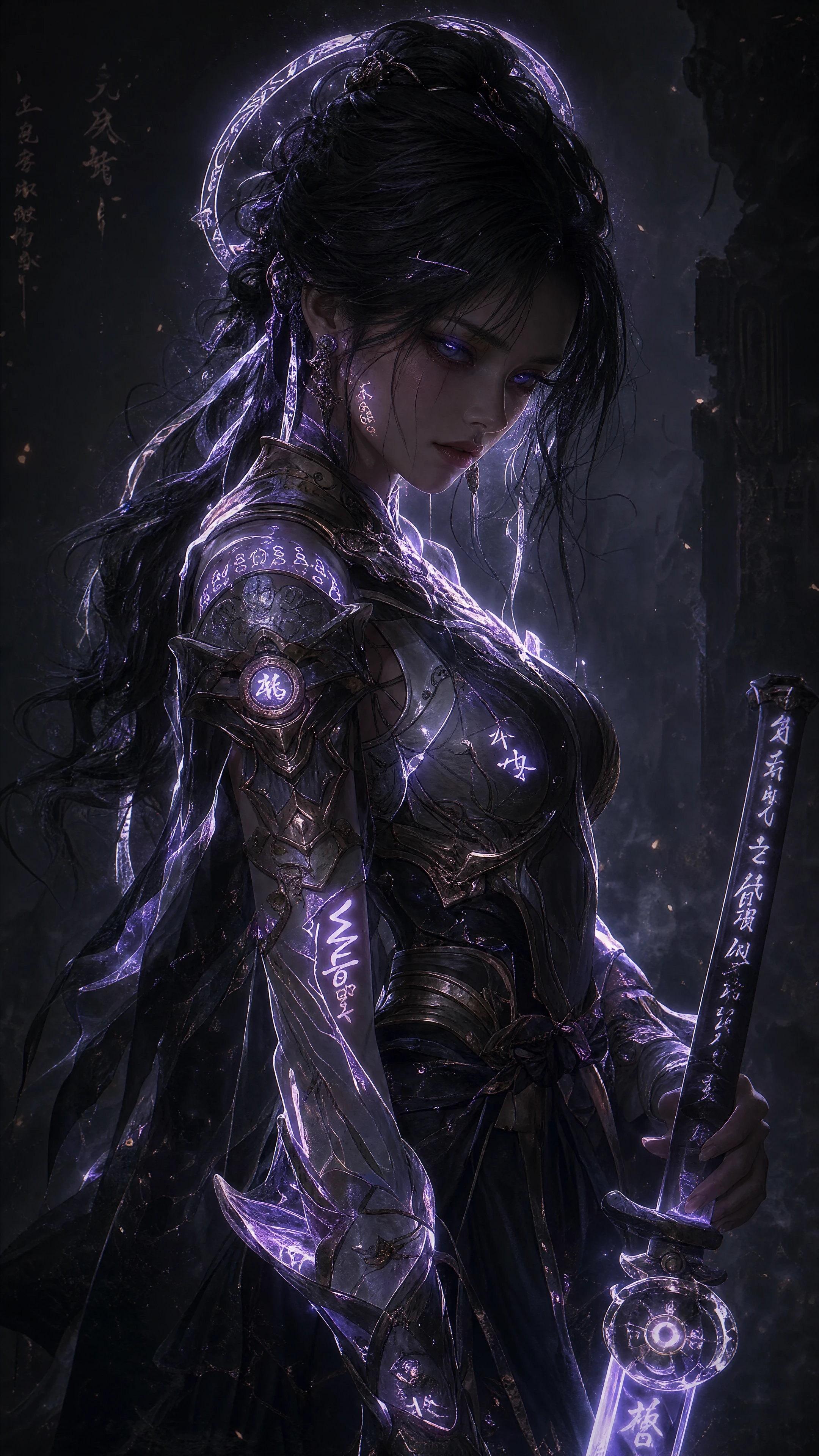 Ethereal warrior woman with glowing runes and chakra