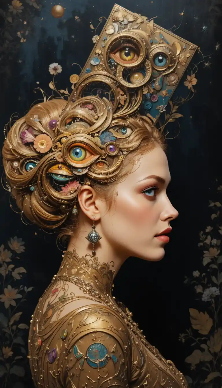 Surreal portrait of a woman with vibrant eyes in flowing hair