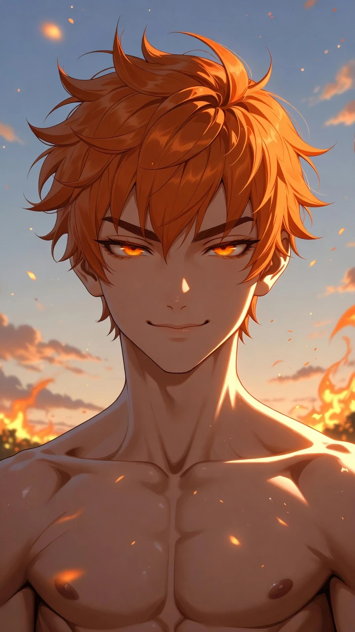 Confident anime man under a glowing sunset sky