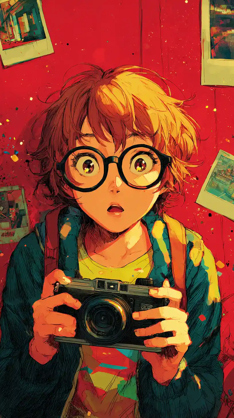 Curious anime boy examining a vintage camera close up