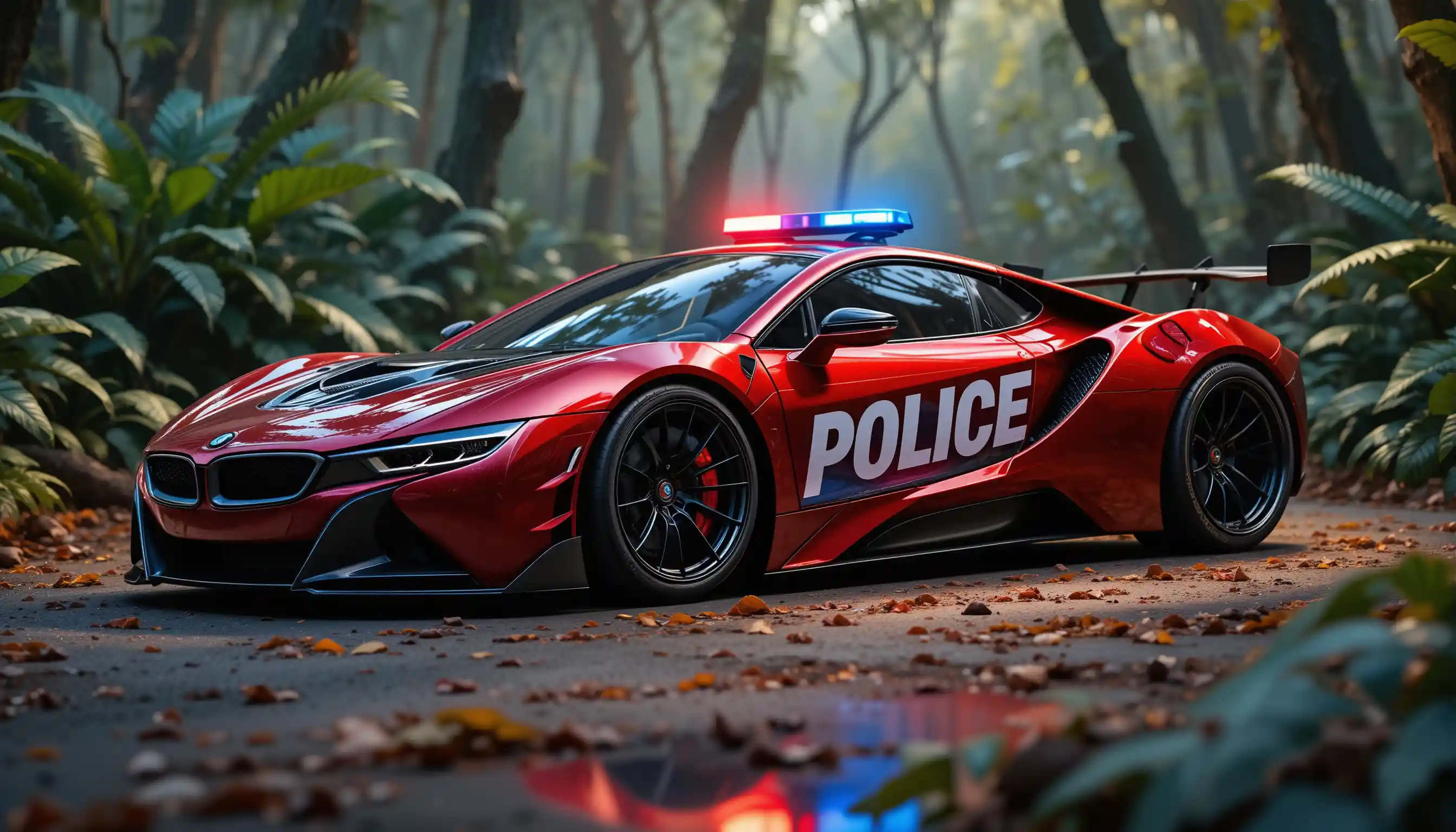 Hybrid-Sport-Polizeiauto im neonbeleuchteten Tropenwald