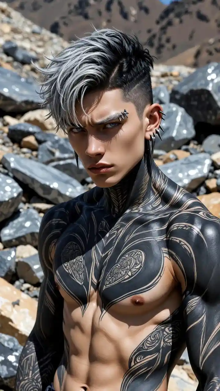 Tattooed muscular man in rocky outdoor manga scene