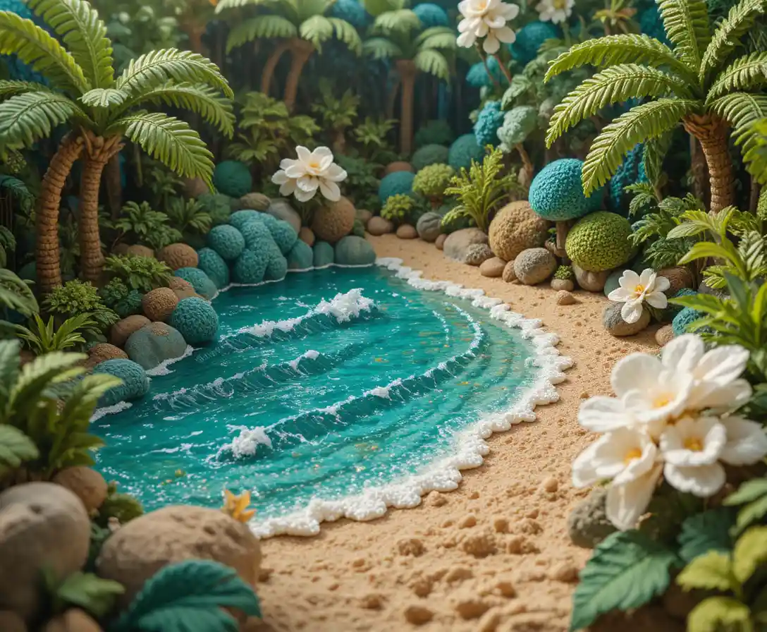 Crochet Tropical Beach Diorama With Lagoon And Palm Trees