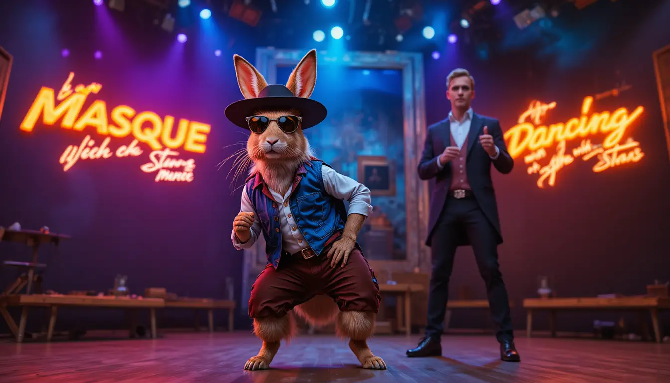 Anthropomorphic cowboy rabbit posing in neon lit studio