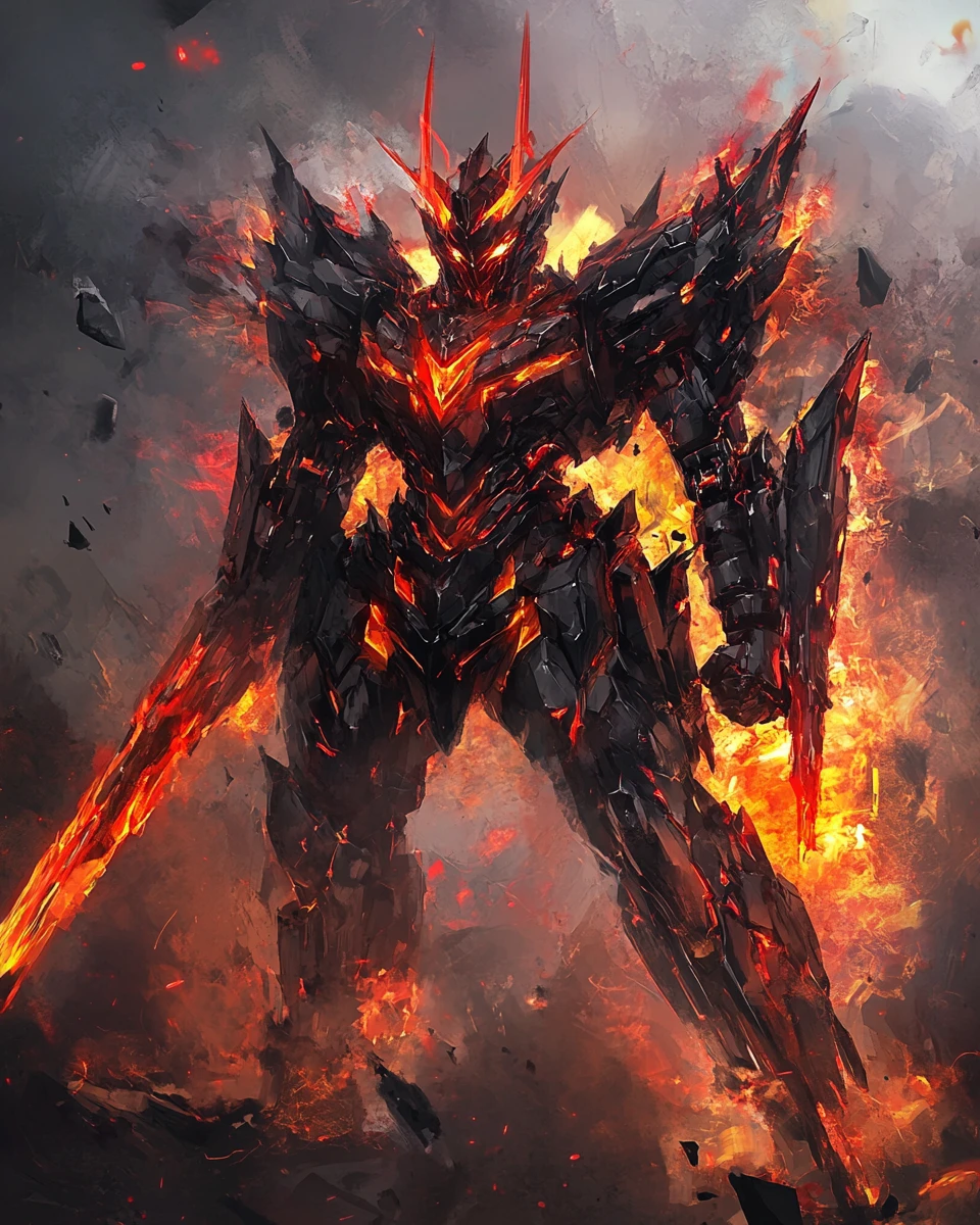Jet black anime mecha with bold red flame armor