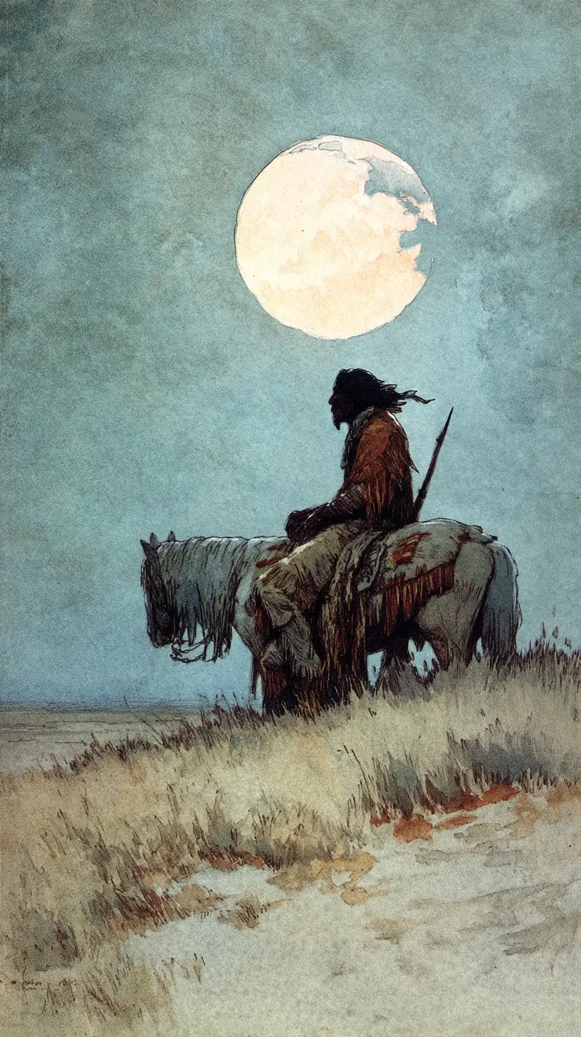 Native warrior on mustang under a silent full moon