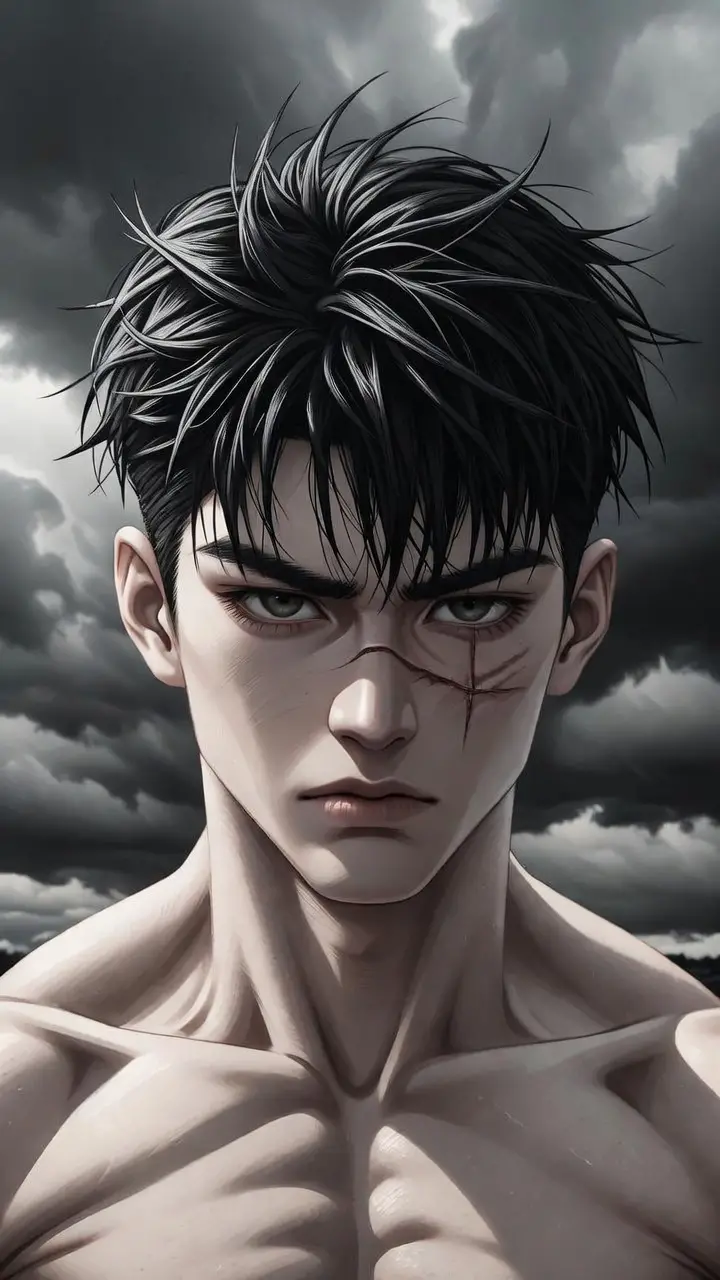 Muscular manhwa hero under a dramatic stormy sky