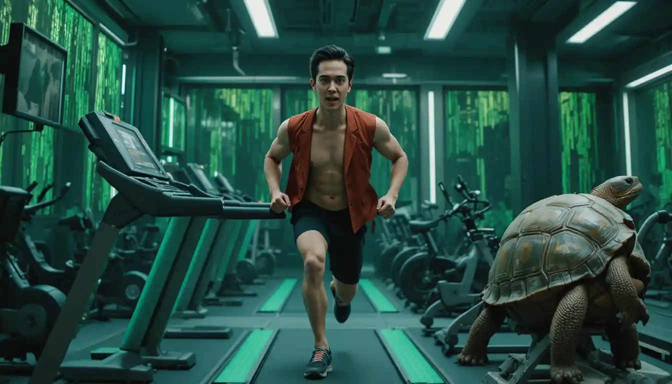 Neo training on treadmill in futuristic green tinted gym
