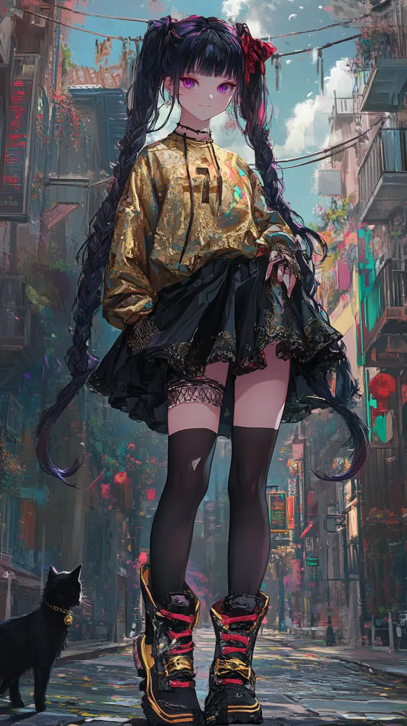 Anime girl in black hoodie before haunted brick tower