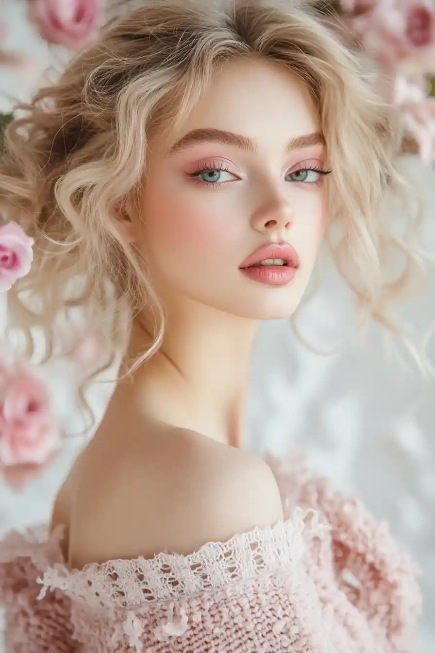 Glamorous woman with ash blonde curls and soft pink makeup