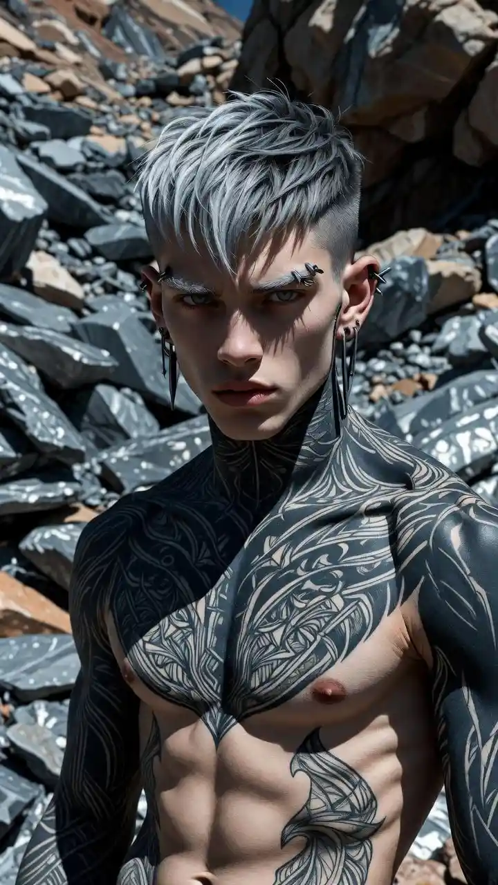 Tattooed muscular man in rocky landscape under harsh light