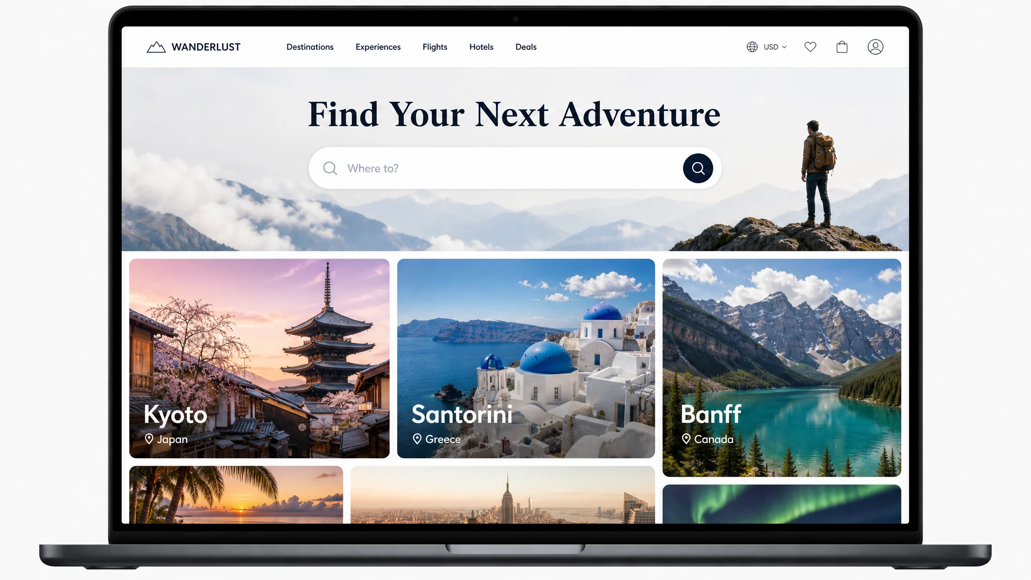 Travel booking website wireframe on a laptop screen