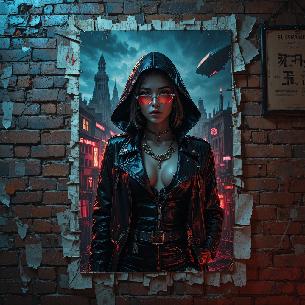 Cyberpunk-Outlaw-Queen-Poster auf rissiger Backsteinwand