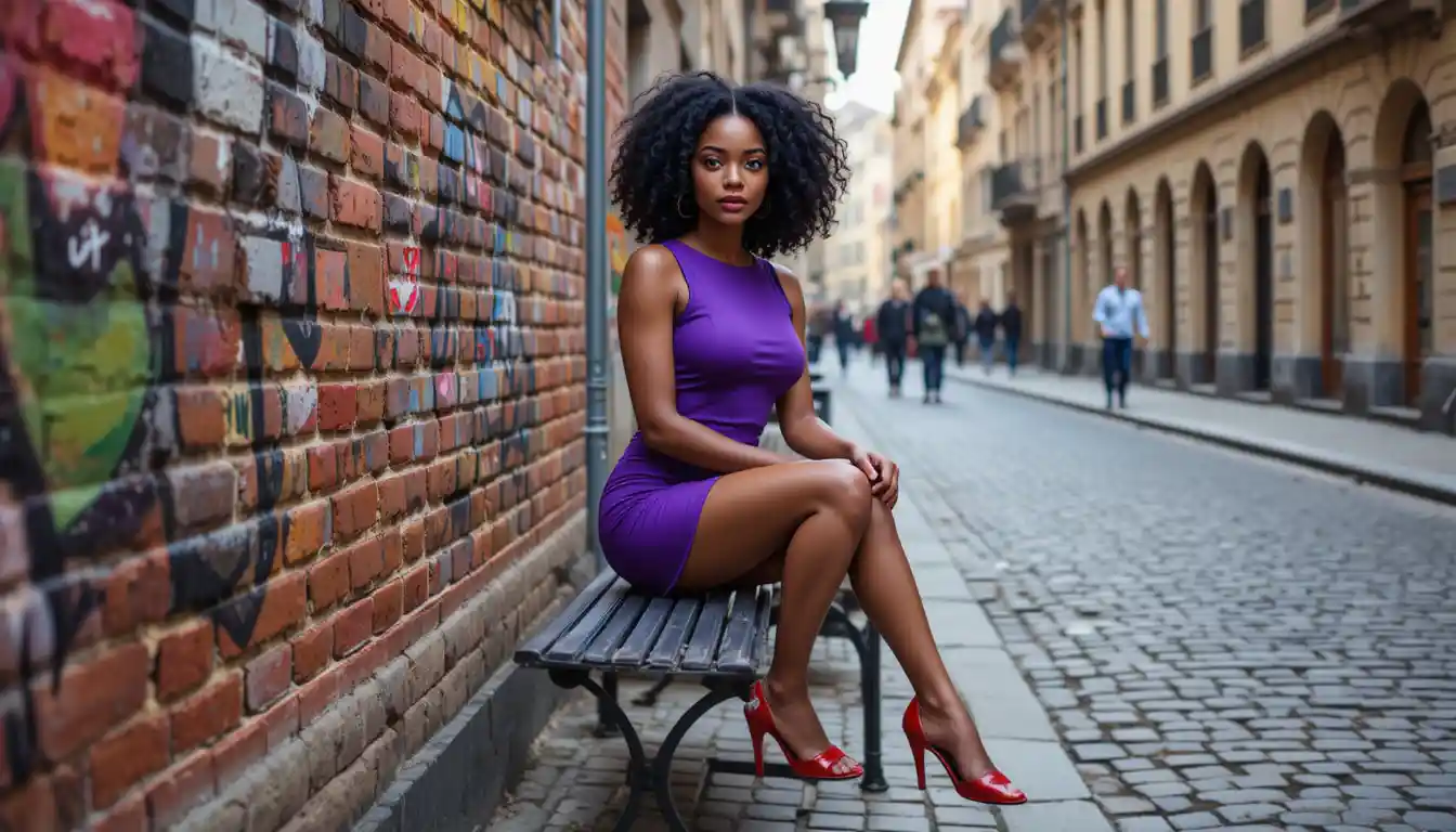 Young woman in purple dress on graffiti city bench