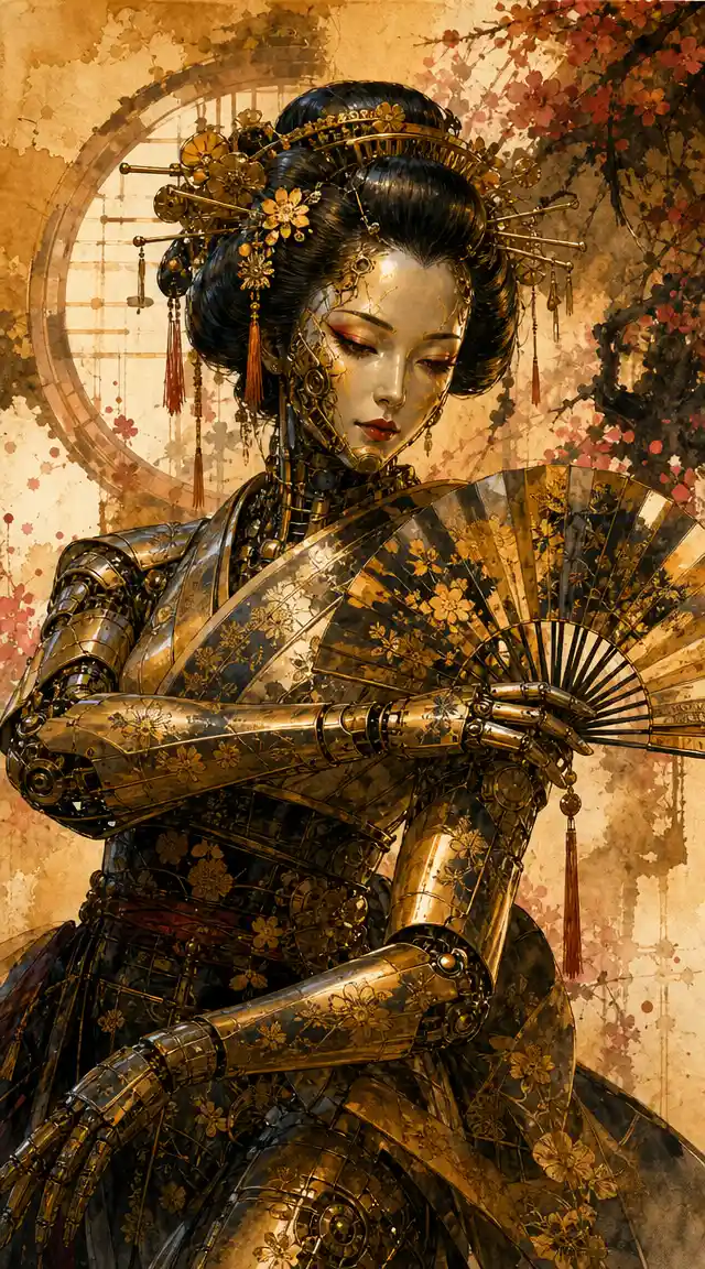 Steampunk cyborg geisha dancing with ornate metal fan