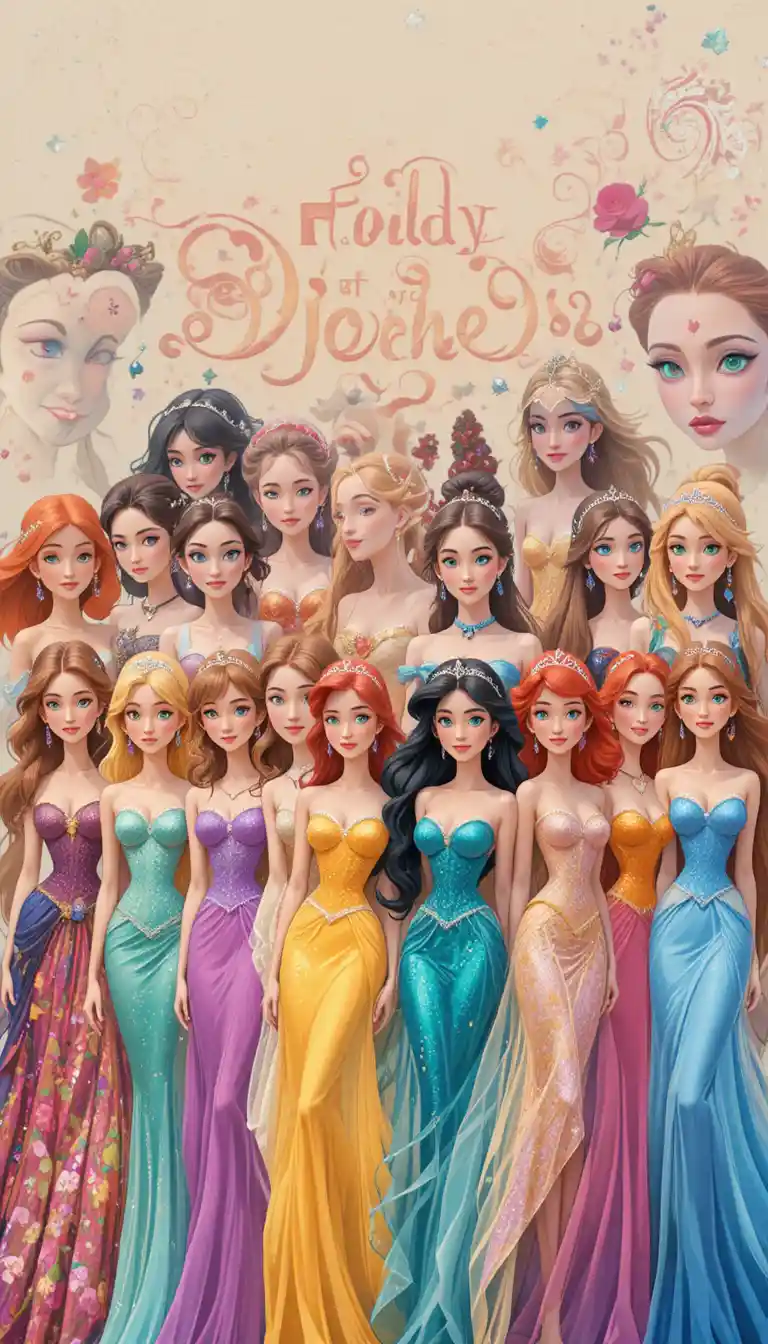 Sixteen stylish princess girls in colorful dresses lineup