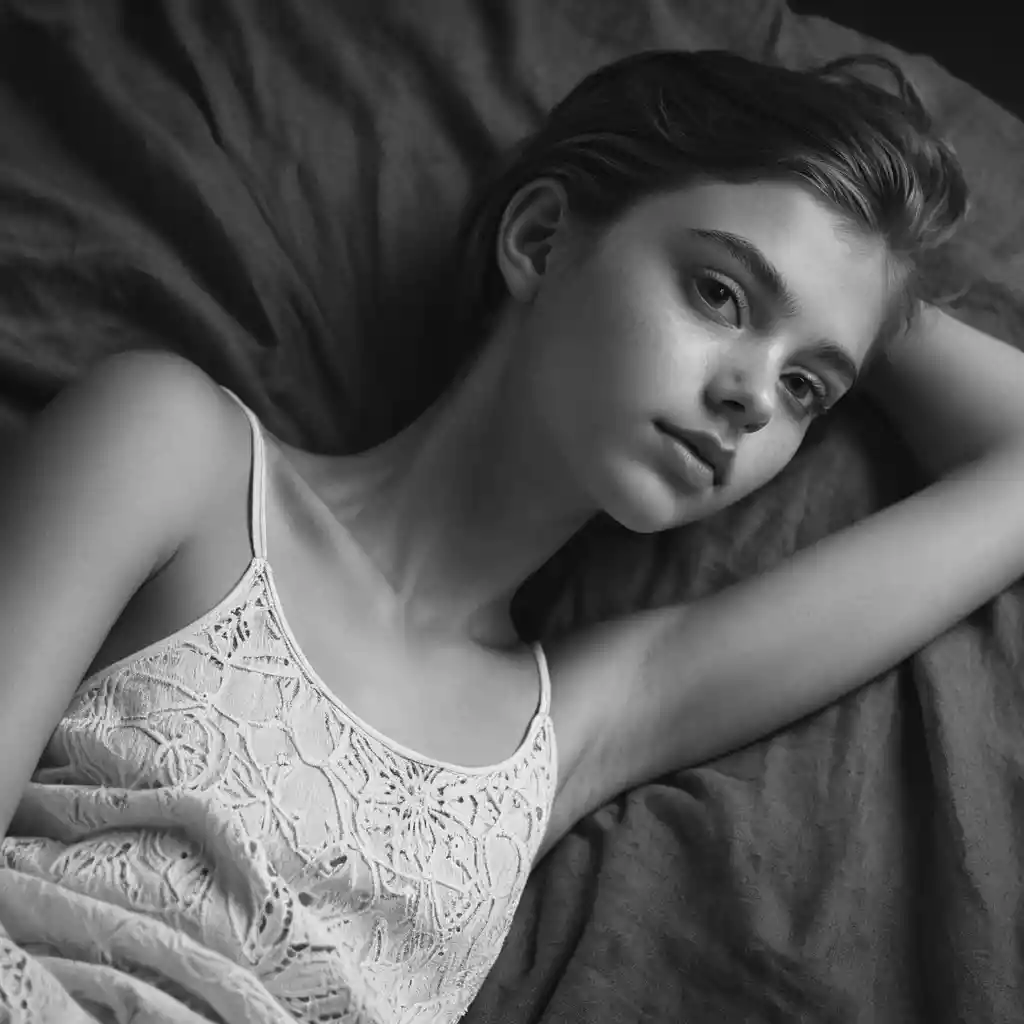 Graphite drawing of a young girl lying on her back