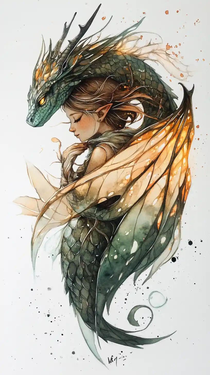 Small dragon resting on a fairy shoulder in watercolor ink