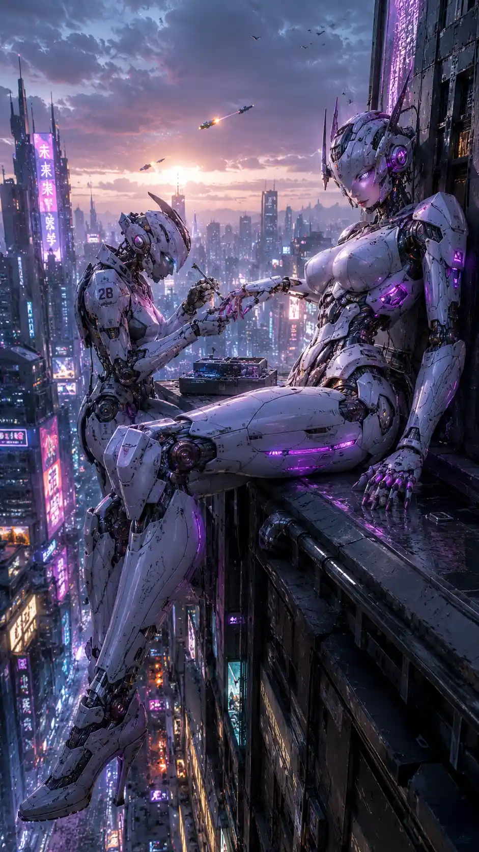 Giant feminine mecha relaxing on a cyberpunk skyscraper
