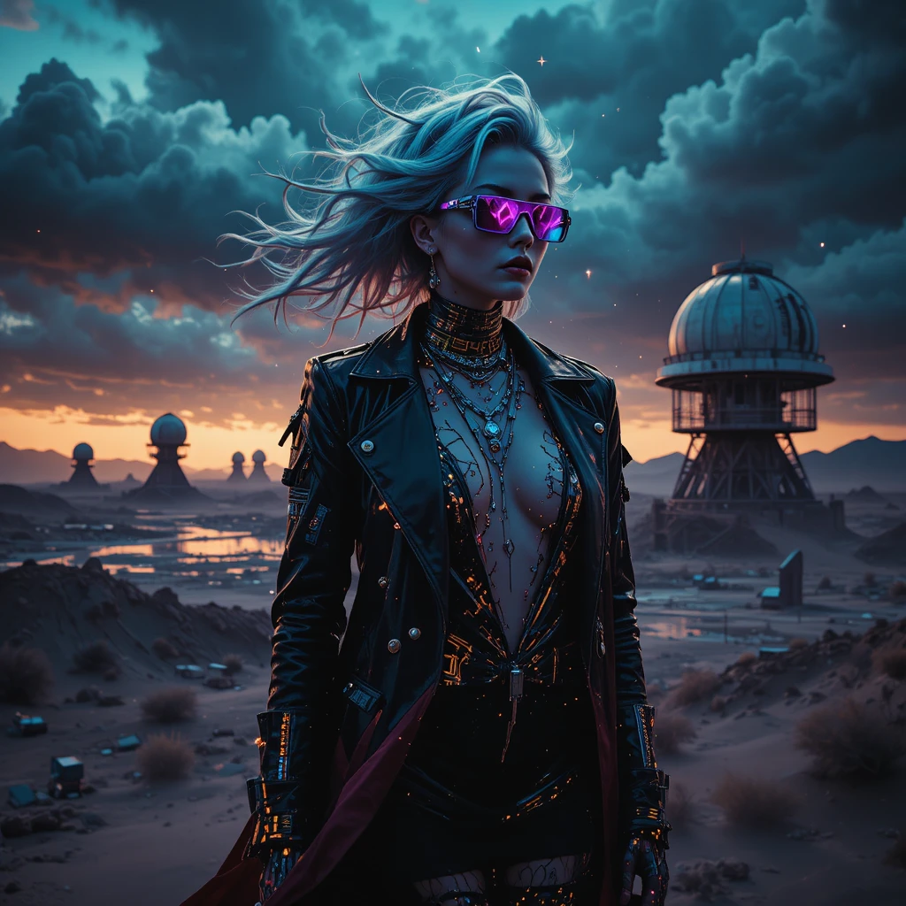 Cyberpunk outlaw queen over flooded desert observatory