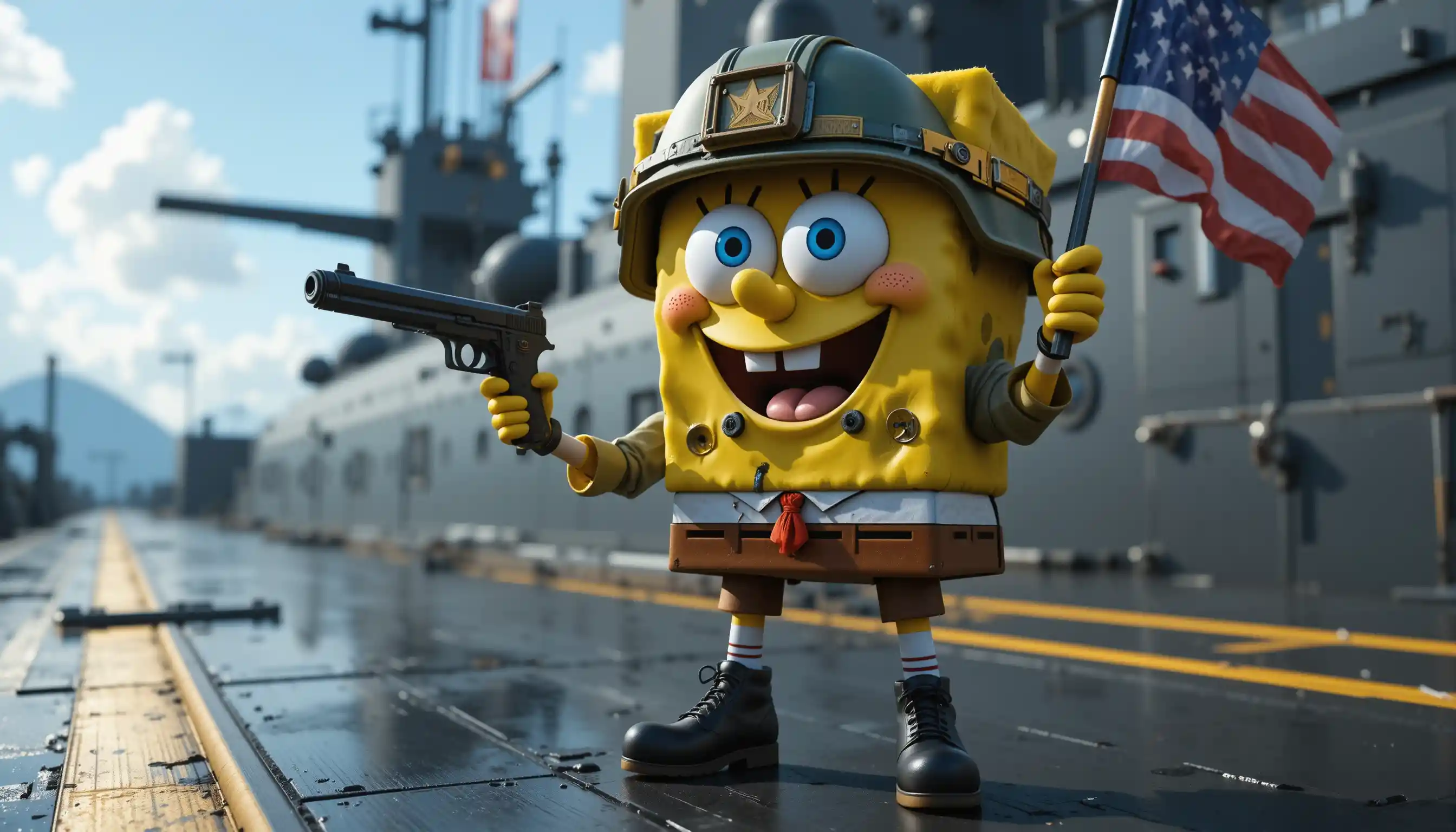 Anthropomorphic commando character on nuclear submarine deck