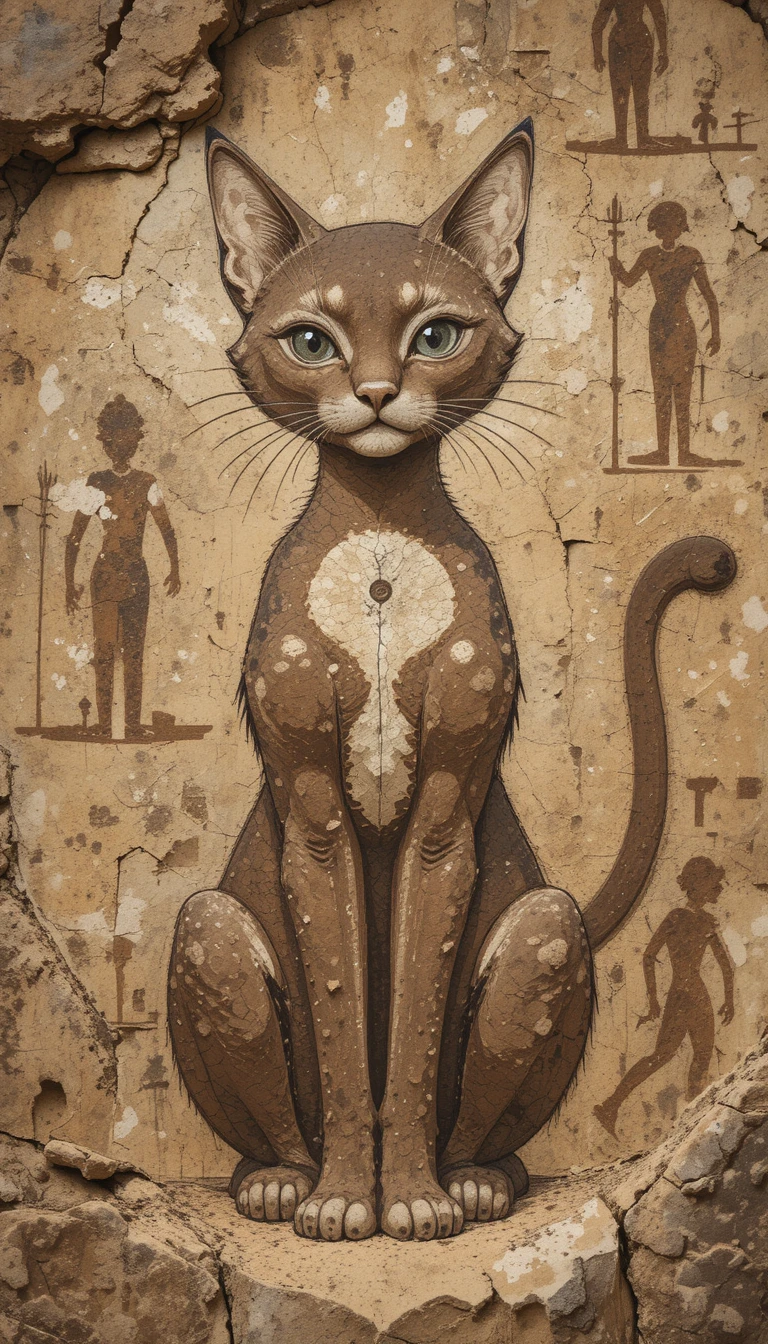 Ancient rock painting of a stylized cat with big eyes