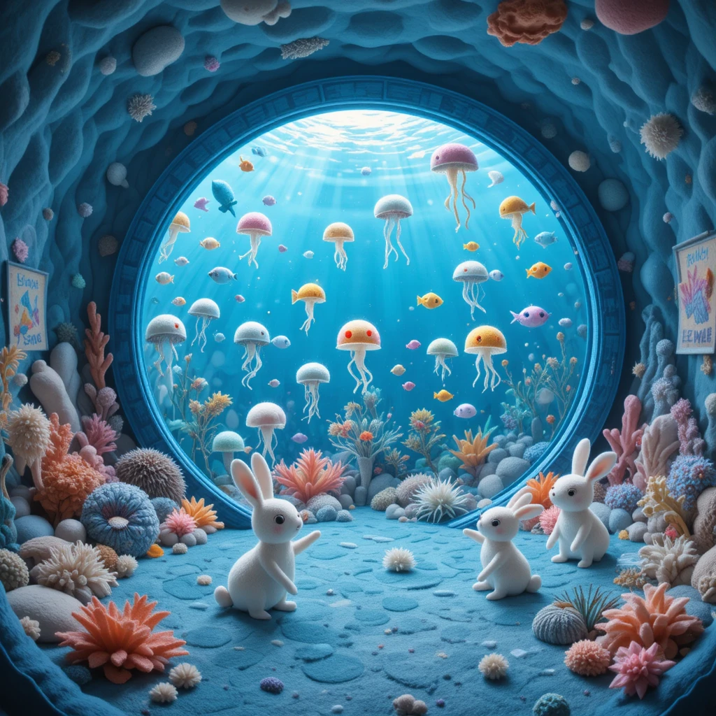 Felt underwater aquarium room with kawaii rabbits visiting