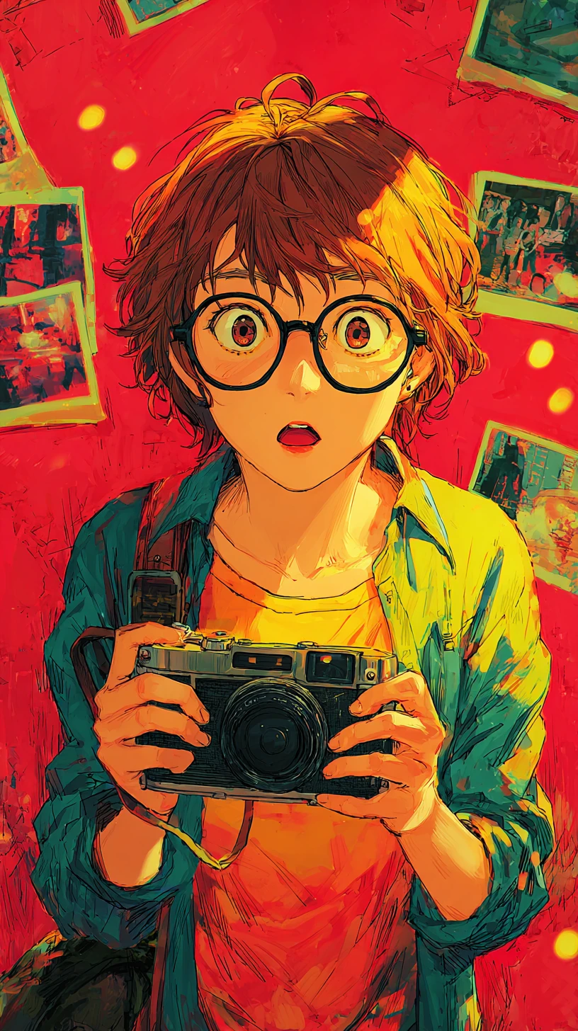 Garoto de anime examinando uma câmera vintage de perto