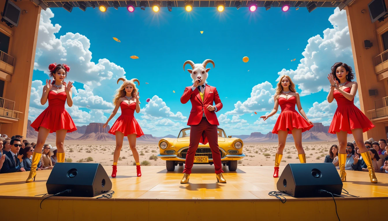 Colorful stage performance in a sunny desert landscape