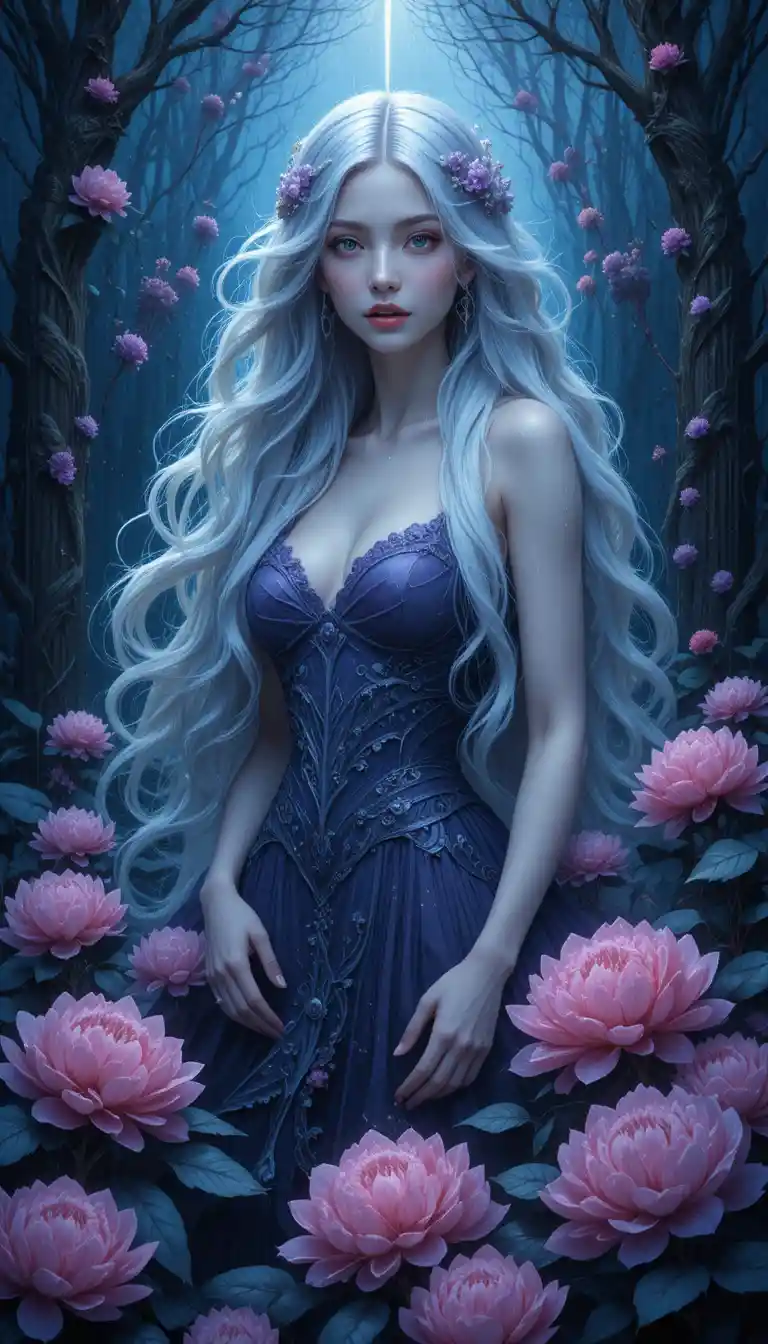 Silver haired goddess amid pink peonies in enchanted forest