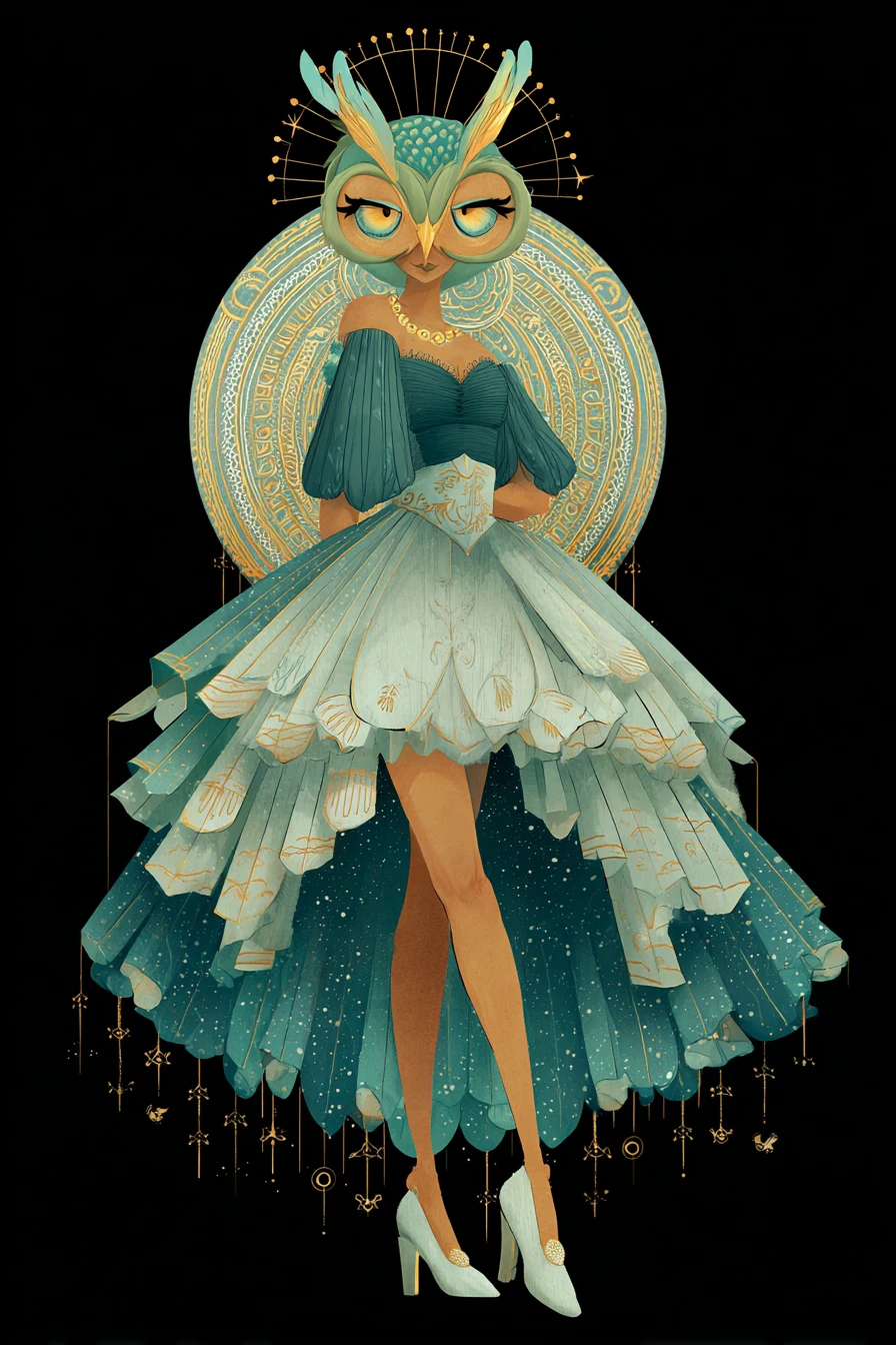 Dreamy Owl In Couture Floating Through Cosmic Space