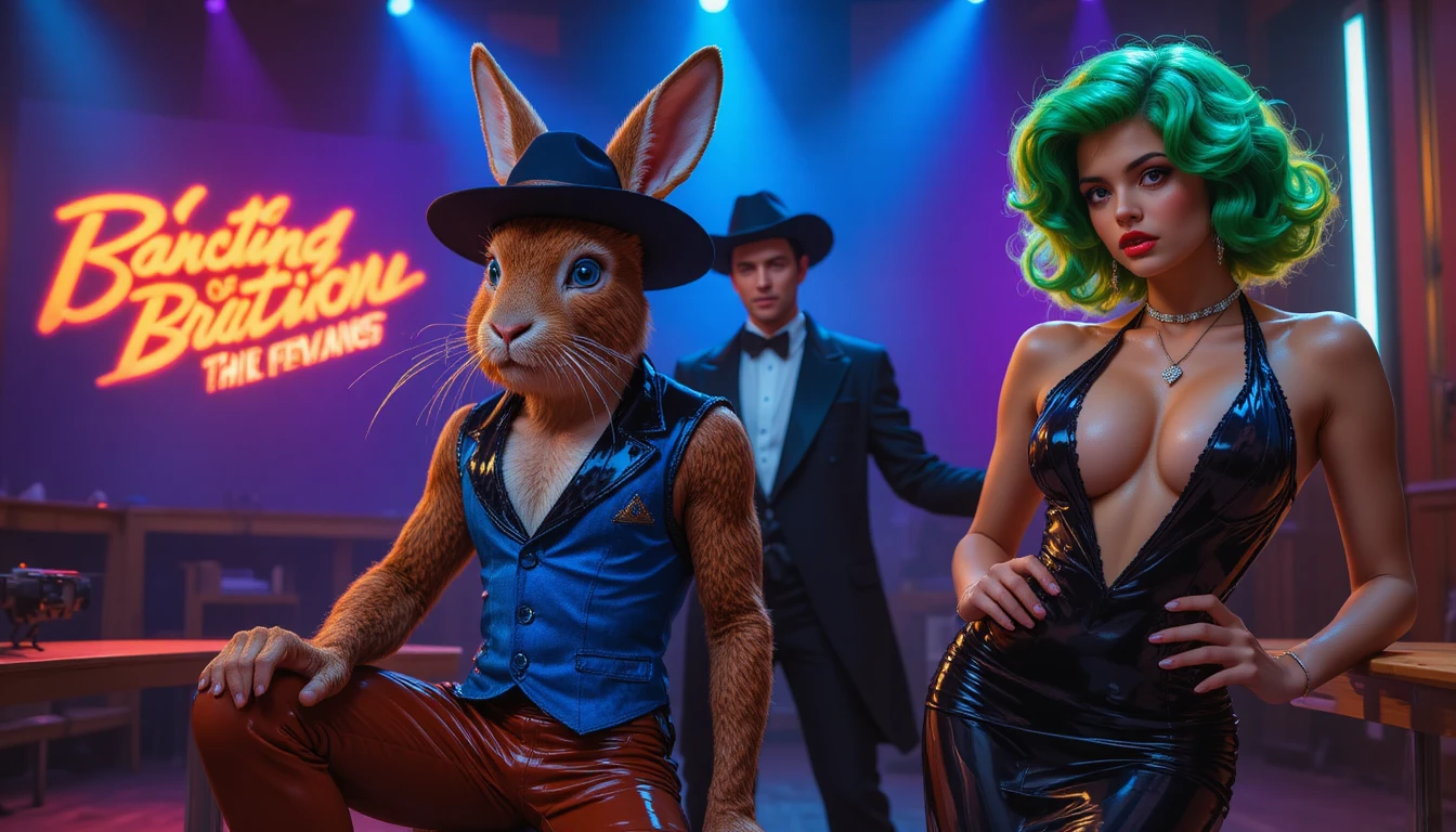 Anthropomorphic cowboy rabbit on neon lit stage