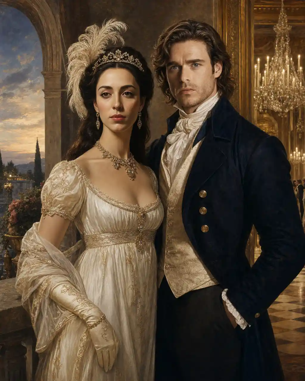 Elegant couple on a terrace in a grand empire ballroom