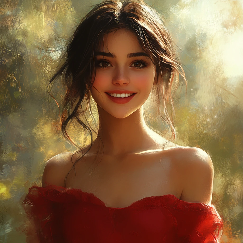 Young woman in red dress in warm golden portrait