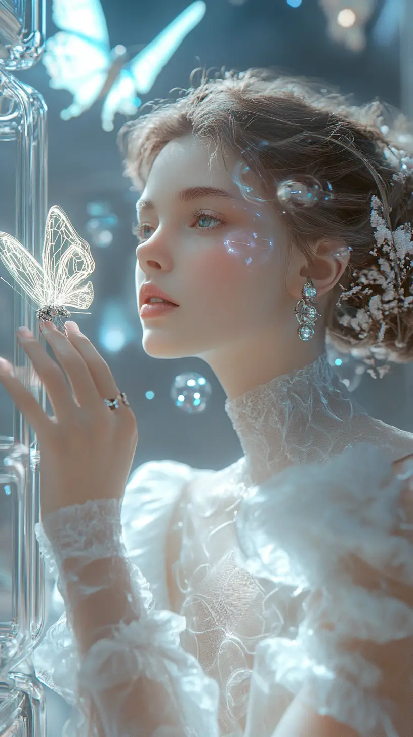 Haute couture model with robotic butterfly in martian greenhouse