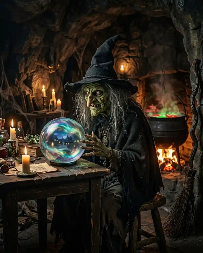 Green faced witch with crystal ball in candlelit cave