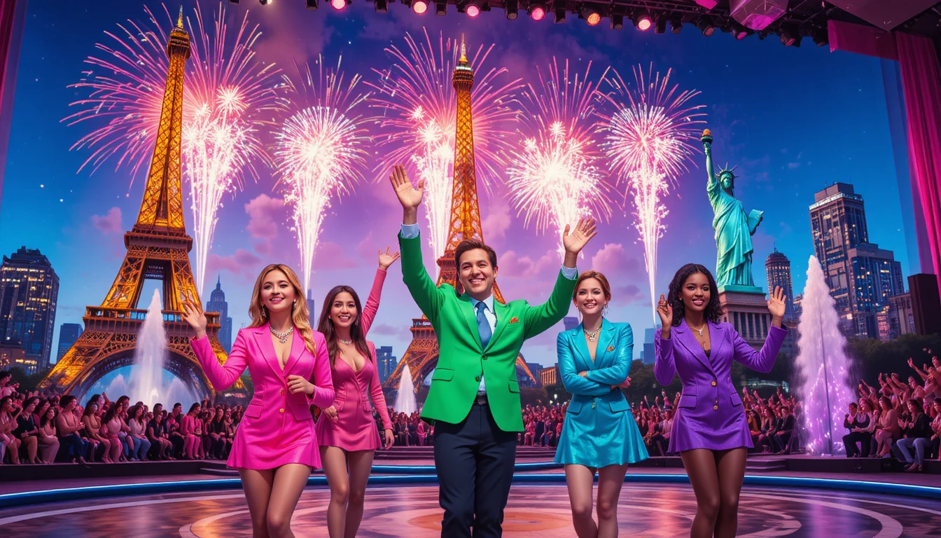 TV show host on outdoor stage with cheering audience